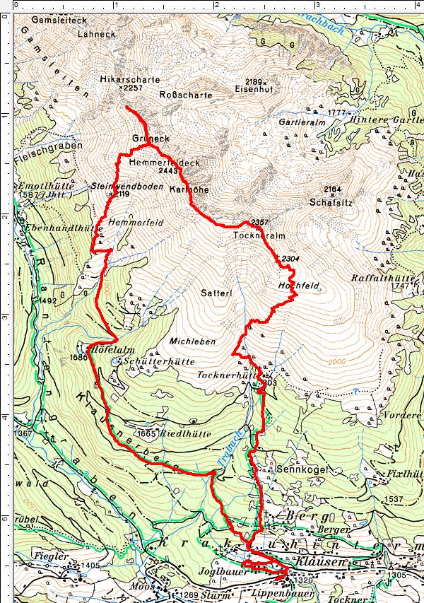 Wanderroute entgegen dem Uhrzeigersinn von Klausen über die Tocknerhütte und Tockneralm zum Hemmferfeldeck