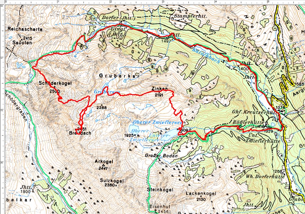 Rundwanderung im Uhrzeigersinn: Von der Sölpaßstraße über den Unteren Zwieflersee auf den Zinken und nach dem Abstecher auf das Breitdach über den Schöderkogel