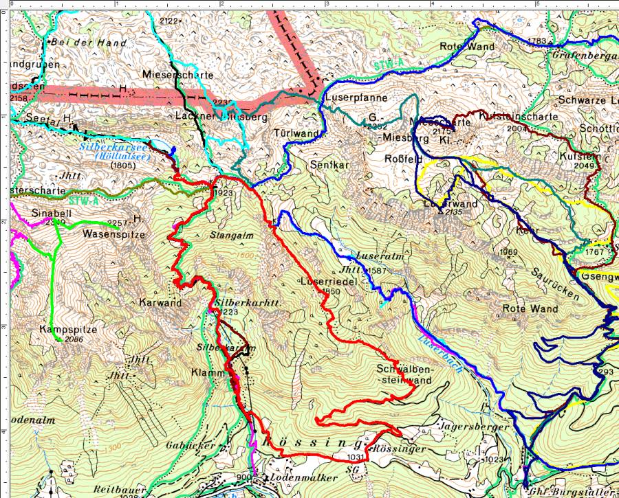 Ganz unbekannt war mir das Wandergebiet zwischen Guttenberghaus und Luserwand ja nicht mehr - den Luserriedel (rote Route) haben wir aber erstmals besucht.