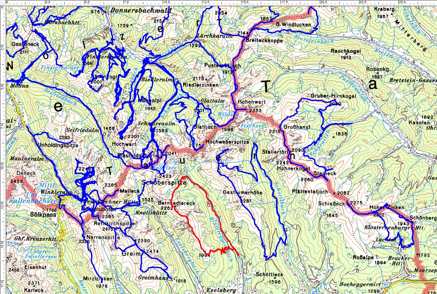 Unser letzter noch offene Gebirgszug in den südlichen Wölzer Tauern (Rote Route) (Klick zur Vergrößerung)