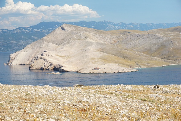 Wegloser Rückweg zu den Wandermarkierungen. Ausblick zur benachbarten Insel Prvic im Süden, die größte unbewohnte Insel in der Adria mit einem großen Leuchtturm-Gebäude.
