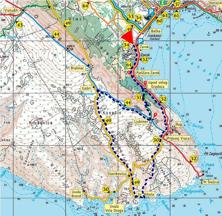 Dunkelblau strichliert erkennt man unsere Wanderroute von Baska Zarok im Norden über Ljubimer - Gabri - Stanikovica zur Ruine Sv. Nikola. Ganz in der Nähe haben wir unsere einsame Badebucht gefunden. Zurück ging es über Prijevoj Vraca.