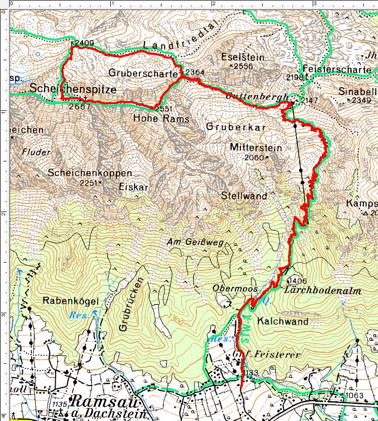 Unsere Wanderroute vom Ghf. Feisterer in Ramsau am Dachstein über das Guttenberghaus zur kleinen Runde über die Hohe Rams und die Scheichenspitze
