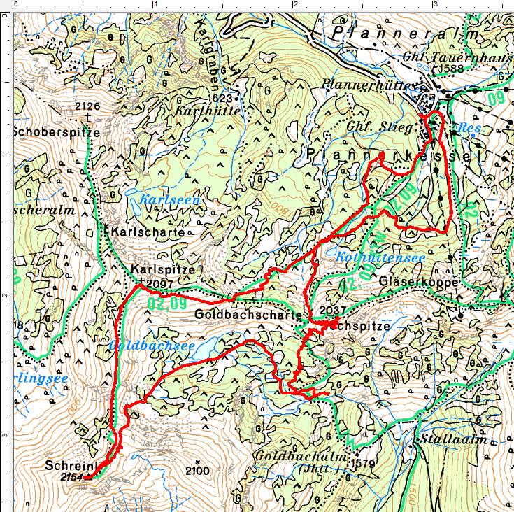 Unser Routenverlauf entgegen dem Uhrzeigersinn: Von der Planneralm auf die Karlspitze und weiter zum Schreinl. Abfahrt zum Goldbachsee und Wiederaufstieg über die Goldbachscharte auf die Jochspitze. Danach die Abfahrt zurück zum Ausgangspunkt.