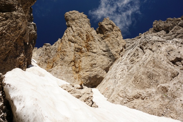 Links über den guten Stapfschnee hinauf und oberhalb des aus dem Schnee ragenden Felsen nach rechts hinüber.