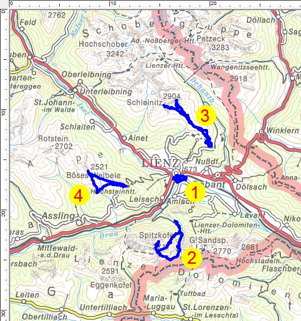 Unsere Wandertouren in und um Lienz: 1=Lienzer Stadtbummel und Wanderwege, 2=Spitzkofel, 3=Schleinitz, 4=Böses Weibele