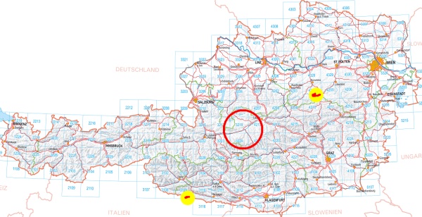 Von Gröbming kommt man in 2 1/2 Stunden schon ganz schön weit rum. Gelb markiert die beiden Wandergebiete Ötscher (rechs oben) und Wolayersee (links unten).