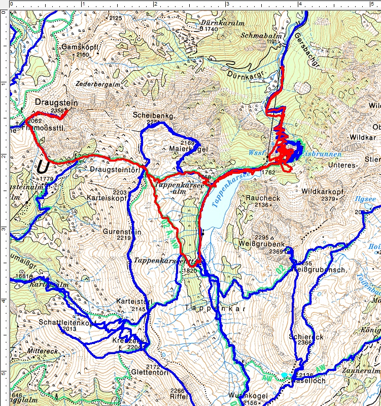 Irgendwie habe ich das Gefühl, dass sich der Wegverlauf von der Schwabalm zum Tappenkarsee nach jedem Murenabgang leicht verändert. Mag aber auch an den Ausfällen der GPS-Aufzeichnung in der Felsabschattung liegen. (Rot=aktuelle Tour; Blau=frühere Wanderungen).