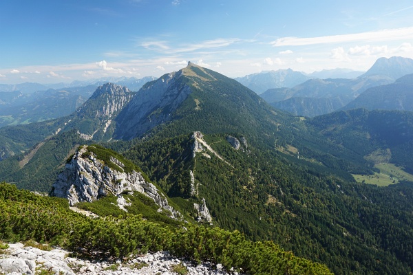 Blick zum Tamischbachturm. Rechts am Bergfuß die Hochscheibenalm, zu der wir nach unserem Besuch bei der Ennstaler Hütte absteigen werden. Und rechts darunter die Kroissenalm, bei der wir beim weiteren Abstieg über die Forststraße vorbeigekommen sind.