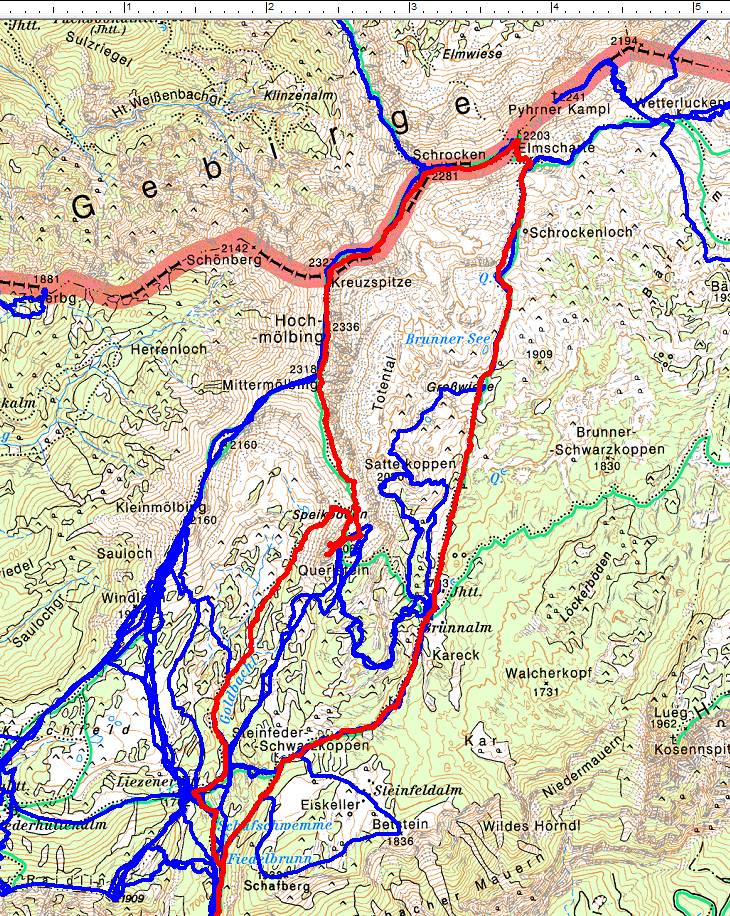 GPS-Aufzeichnungen gibt es erst seit Ende 2005. Rot erkennt man den oberen Abschnitt der aktuellen Tour über die Hochmölbinggruppe entgegen dem Uhrzeigersinn.