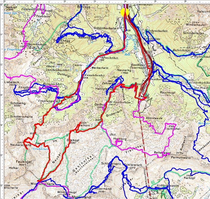Rot die aktuelle Runde über 25 Kilometer und 1.650 Höhenmeter. Pink sind frühere Sommertouren, blau frühere Wintertouren.