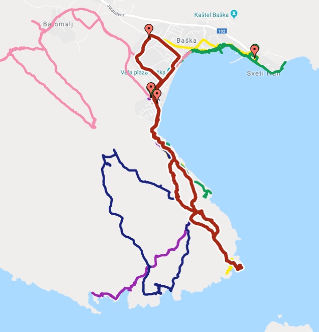 Unsere bisherigen Wandertouren am Südende der Insel Krk. Rot ist die aktuelle Wandertour über Ljubimer und Bag zum Leuchtturm Rt Skuljica.