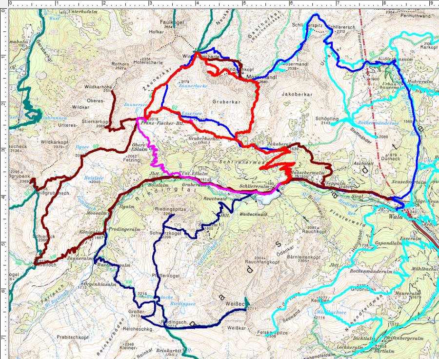 Heute bin ich zum 5. Mal durch das Riedingtal aufgebrochen (rot). Dunkelrot meine erste Mosermandl-Überschreitung 2005.