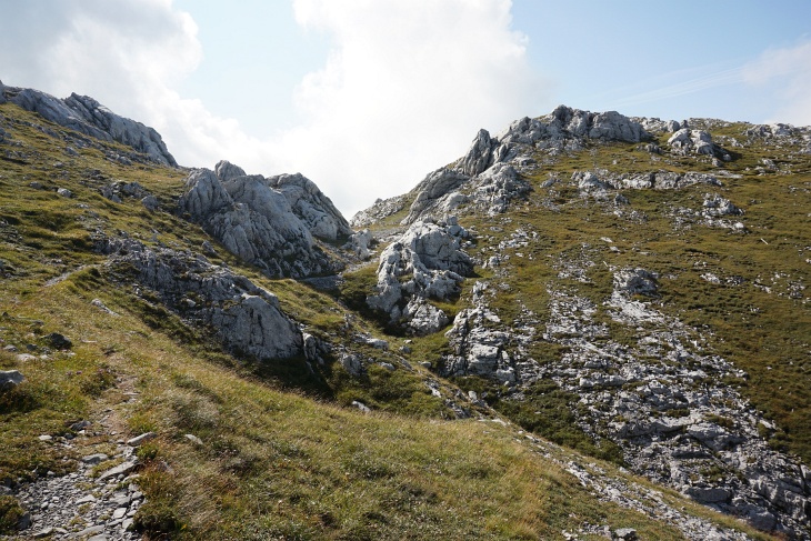 Im Weihbrunnkessel gehe ich nach links Richtung Ringkamp. Nach rechts verläuft der Wanderweg weiter auf den Hochschwab.