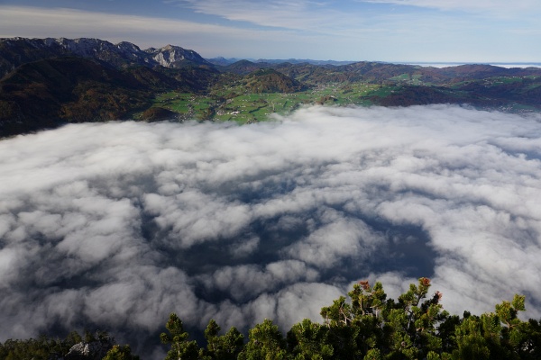 Beim Aufstieg über den Naturfreundesteig beginnt sich der dichte Nebel über dem Traunsee allmählich aufzulösen.