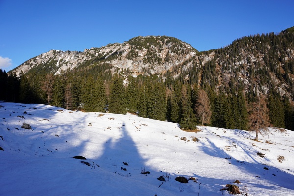 Beim Anmarsch Richtung Langpoltenalm zeigt sich der Raidling in seiner vollen Länge. Der Ostgipfel ist der höchste Punkt ca. oberhalb der Bildmitte. Da bin ich noch skeptisch, ob ich die Schneeschuhe überhaupt benötigen würde.