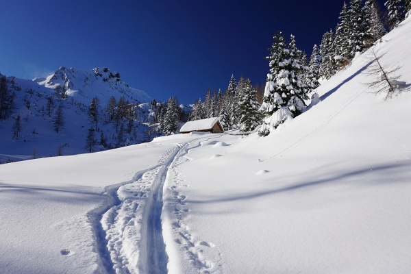 700 Höhenmeter muss man bei dieser Tour zurücklegen, ehe man bei der Hangofenhütte in die Sonne gelangt. Dafür wird man aber auch häufig mit tollem Pulverschnee belohnt.