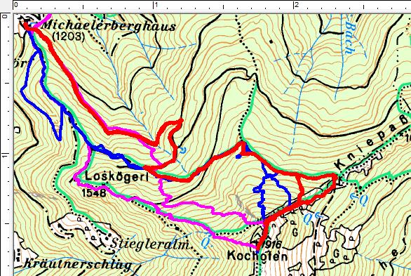 Kochofen Routen 2019: Rot=Schitour am 24.12.2019. Blau=Schneeschuhtour am 08.12.2019. Pink=Schitour am 10.02.2019.