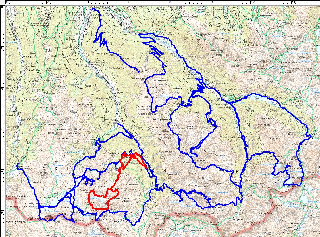 12 Jahre - 12 Touren. Rot ist die Runde über die Grobfeldspitze (beim Aufstieg spielte das GPS etwas verrückt - so "geradlinig" sind wir definitiv nicht gegangen)