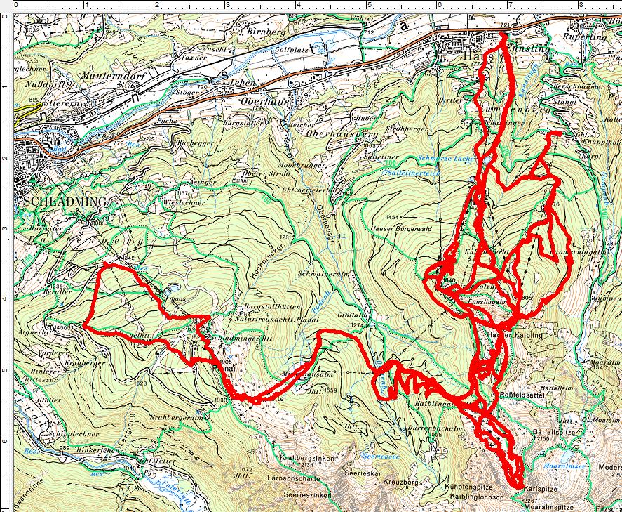 Aus allen Himmelsrichtungen auf den Hauser Kaibling. 1 Tour teilt er sich mit der Planai. (5 Spaziergänge, 7.920 Höhenmeter, 95 Kilometer)