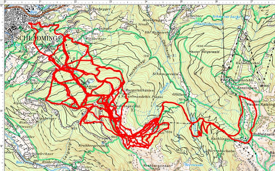 Kreuz und quer über alle Pisten ziehen sich unsere Spaziergänge auf der Planai. Einmal sogar bis hinüber zum Hauser Kaibling. (6 Touren - 9.170 Höhenmeter, 106 Kilometer)