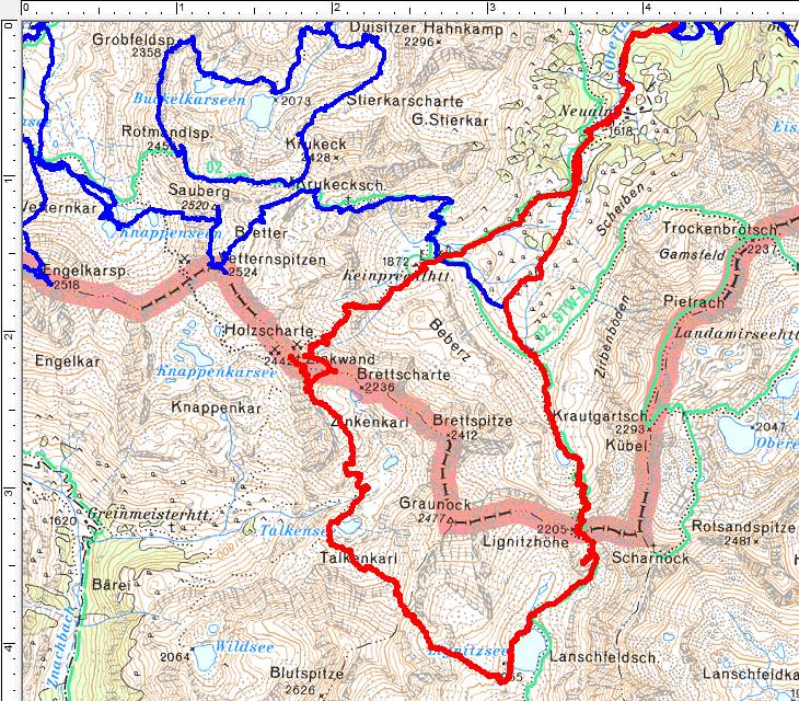 Der interessante Teil unserer heutigen Wanderroute (rot). Im Uhrzeigersinn zunächst hinauf auf die Lignitzhöhe, hinunter zum Lignitsee, hinauf in die Weite Scharte, hinunter zum Talkensee und schließlich im 3. Anlauf auf den Gipfel - die Zinkwand, ehe es wieder bergab zur Keinprechthütte und hinaus zum Ausgangspunkt bei der Eschachalm geht.